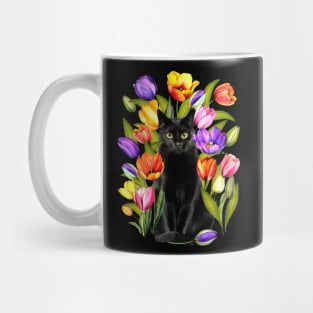 Black Cat With Tulip Flowers Happy Easter Day Mug